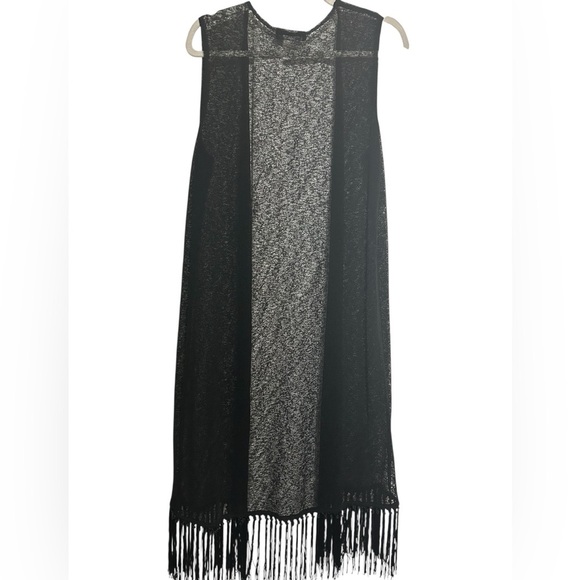 Travel Elements Black Sheer Knit Duster Vest Fringe Hem Boho Open Front L - Picture 4 of 4